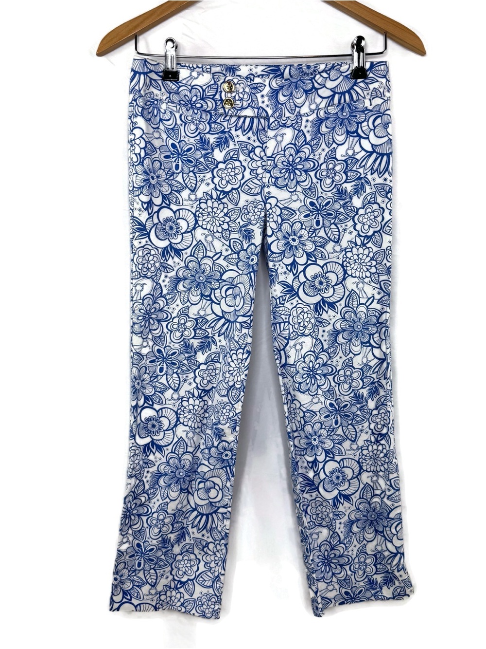 Lilly Pulitzer Blue & White Floral Cropped Pants Vintage White Label